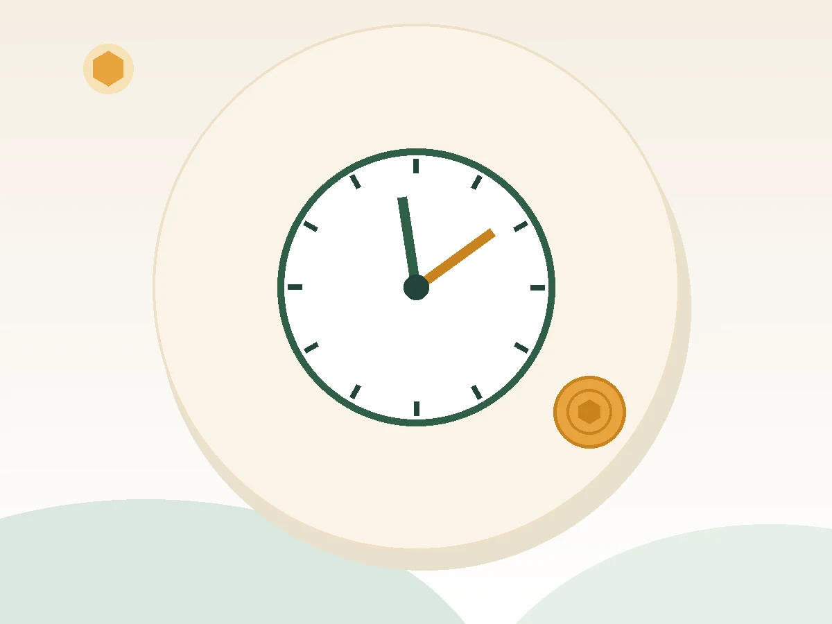 Clock and coin illustrating how loan interest accumulates over time in the amortization math